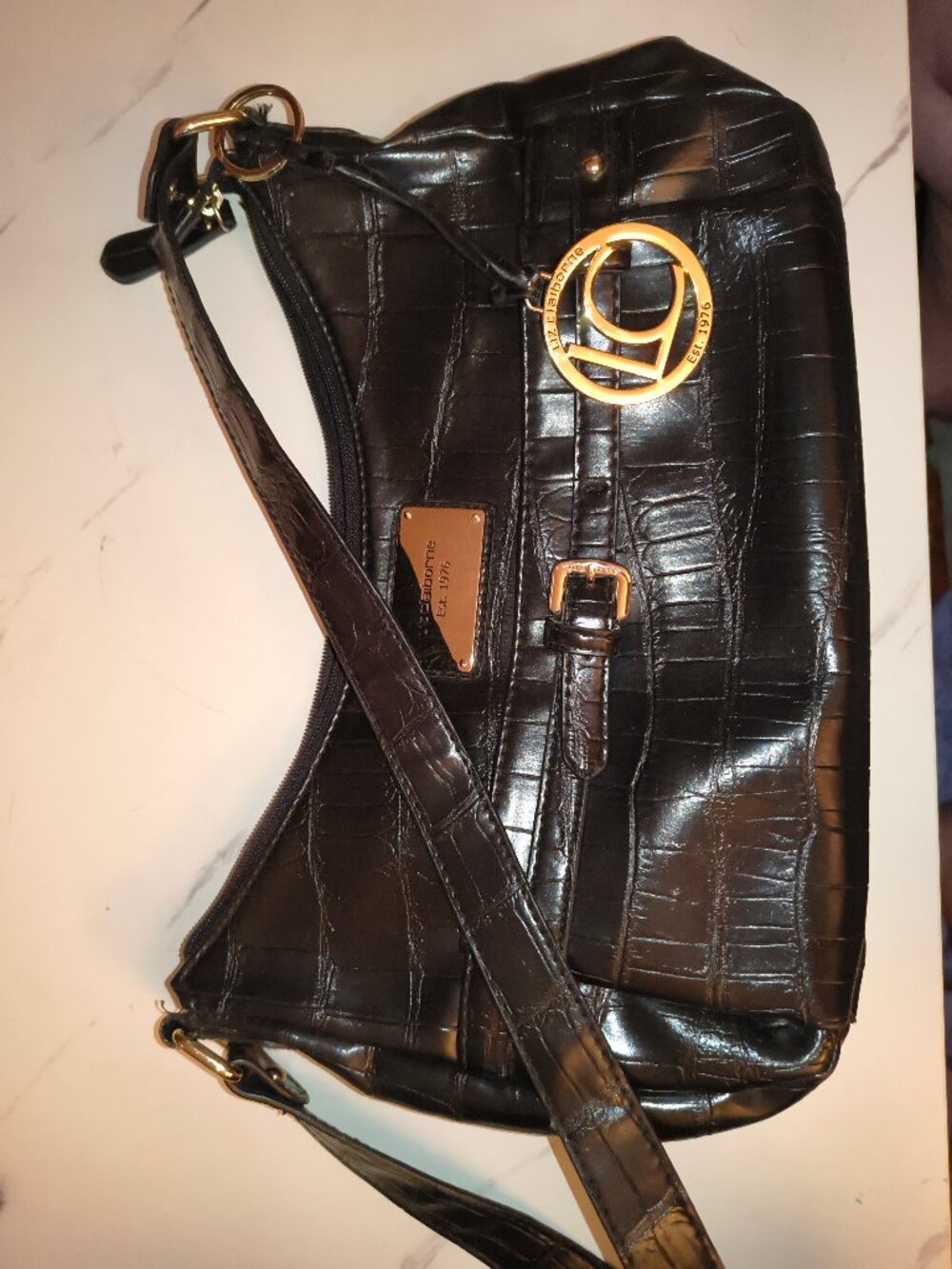 Liz Claiborne Black Croc Embossed Shoulder Bag Gold Hardware